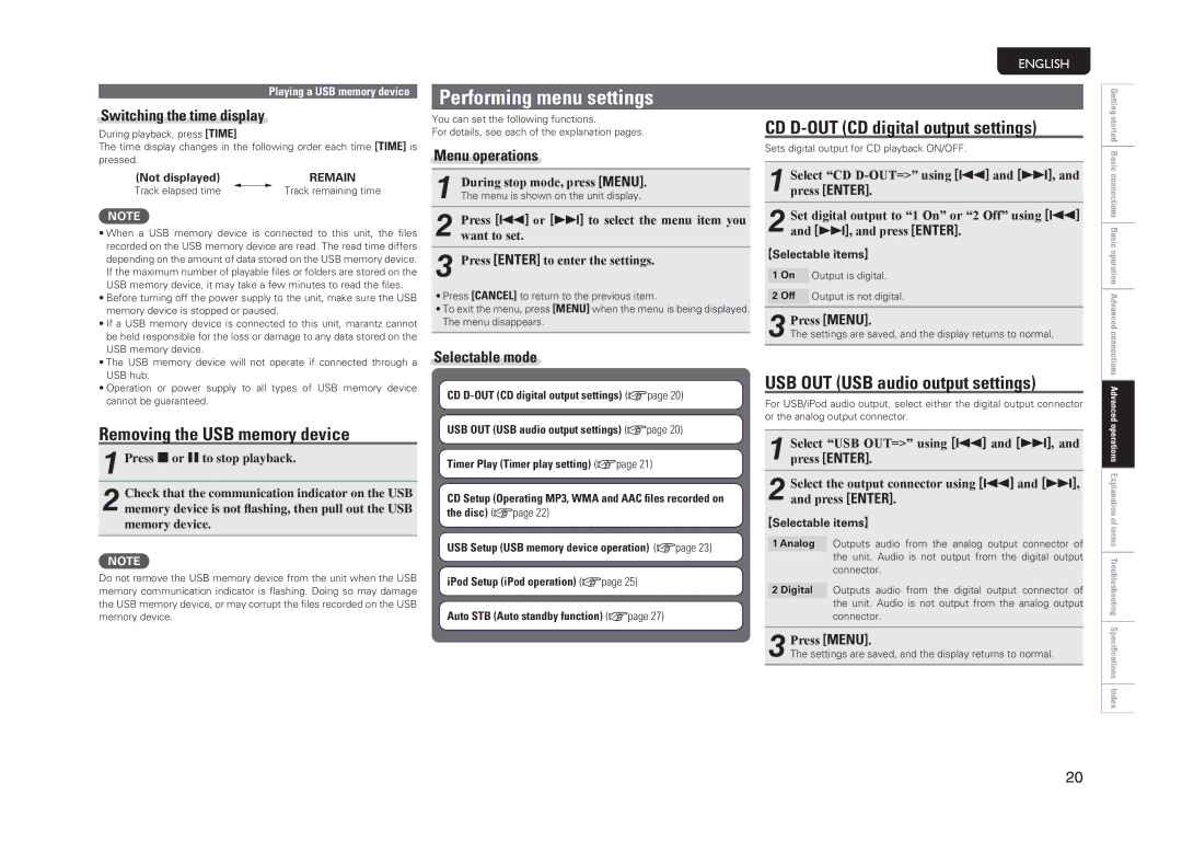 Marantz CD6004 owner manual Performing menu settings, Removing the USB memory device, CD D-OUT CD digital output settings 