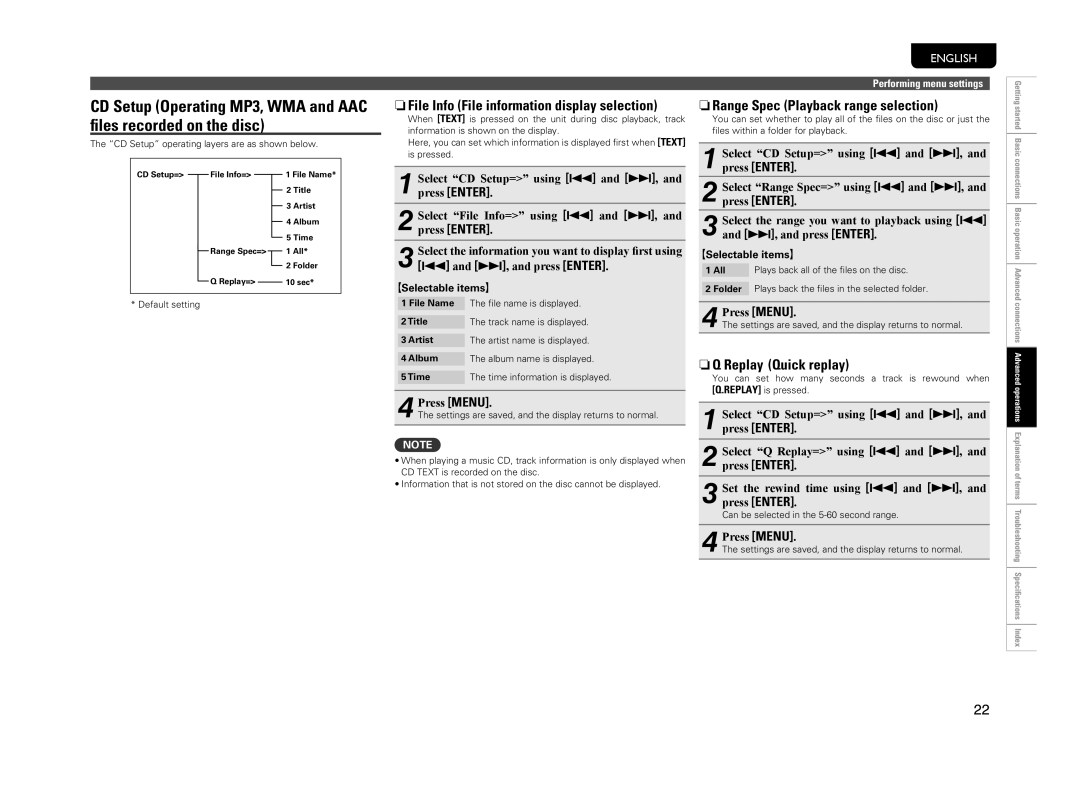 Marantz CD6004 owner manual NnFile Info File information display selection, NnRange Spec Playback range selection 