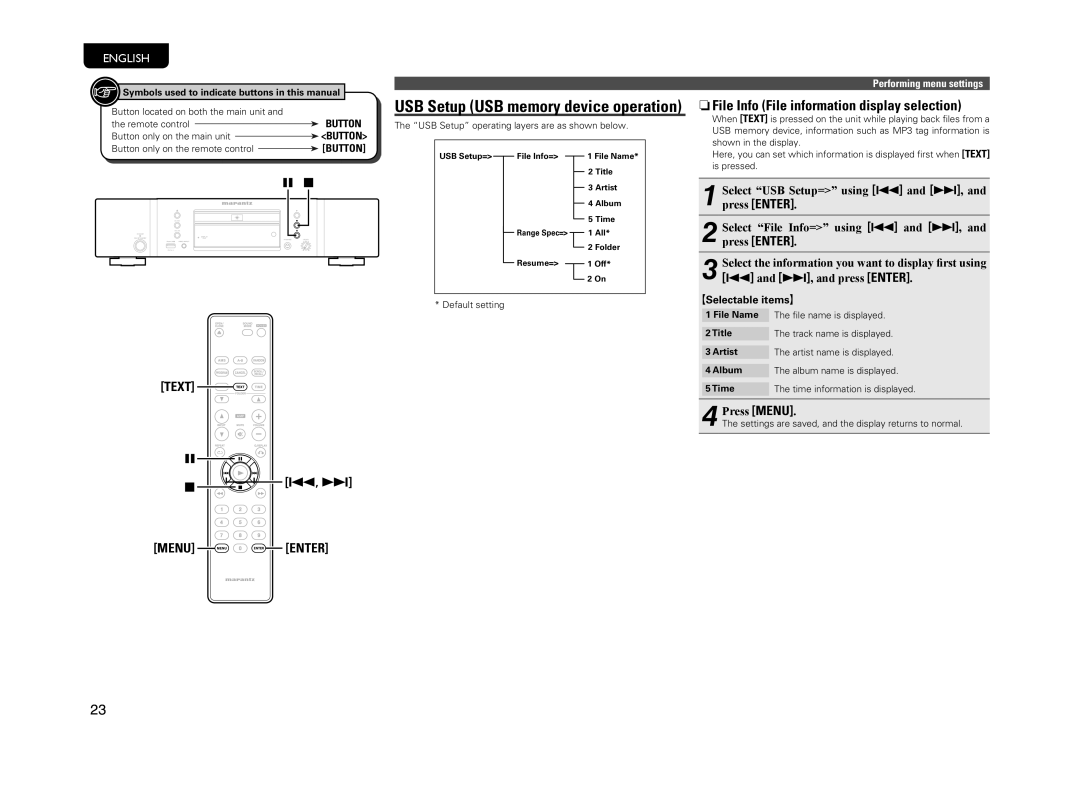 Marantz CD6004 owner manual USB Setup USB memory device operation, NFile Info File information display selection 