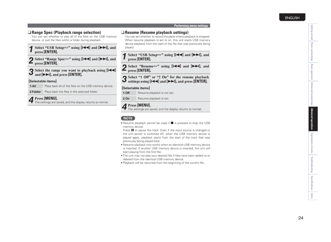 Marantz CD6004 owner manual NnResume Resume playback settings 