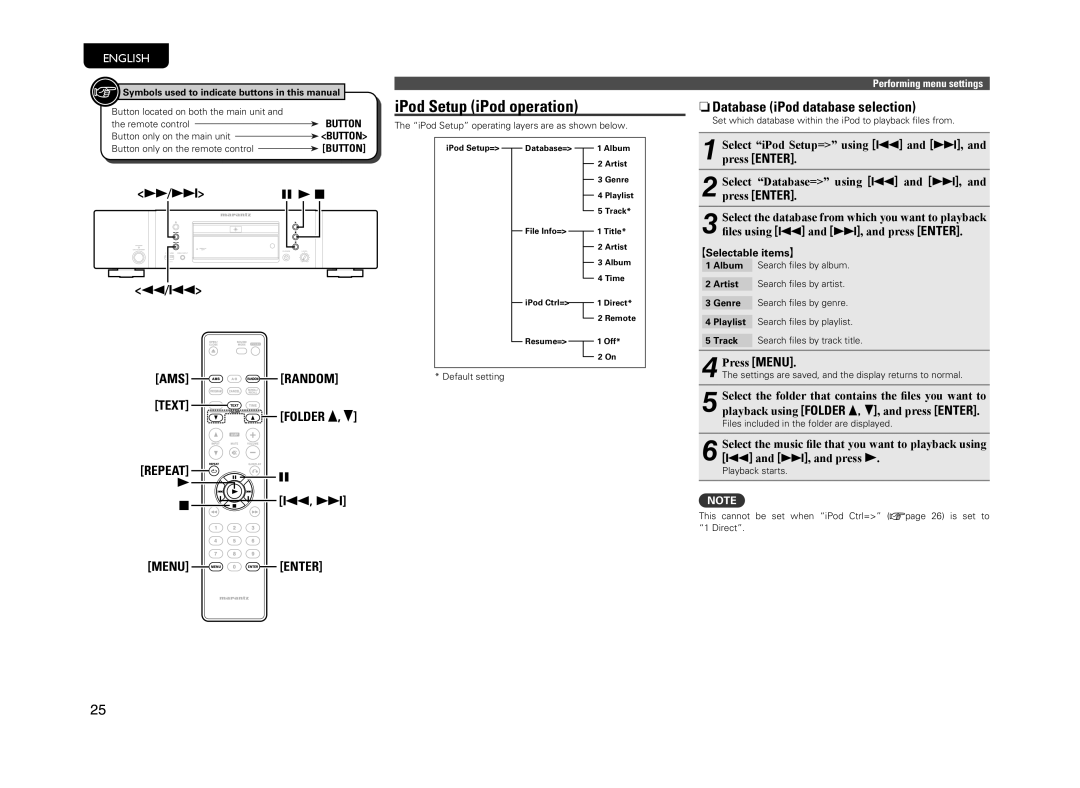 Marantz CD6004 owner manual IPod Setup iPod operation, NDatabase iPod database selection 