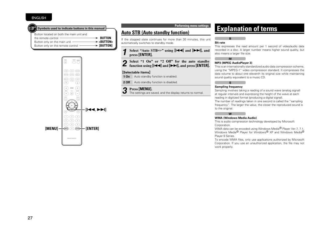 Marantz CD6004 owner manual Explanation of terms, Auto STB Auto standby function, MP3 Mpeg AudioPlayer, Sampling frequency 