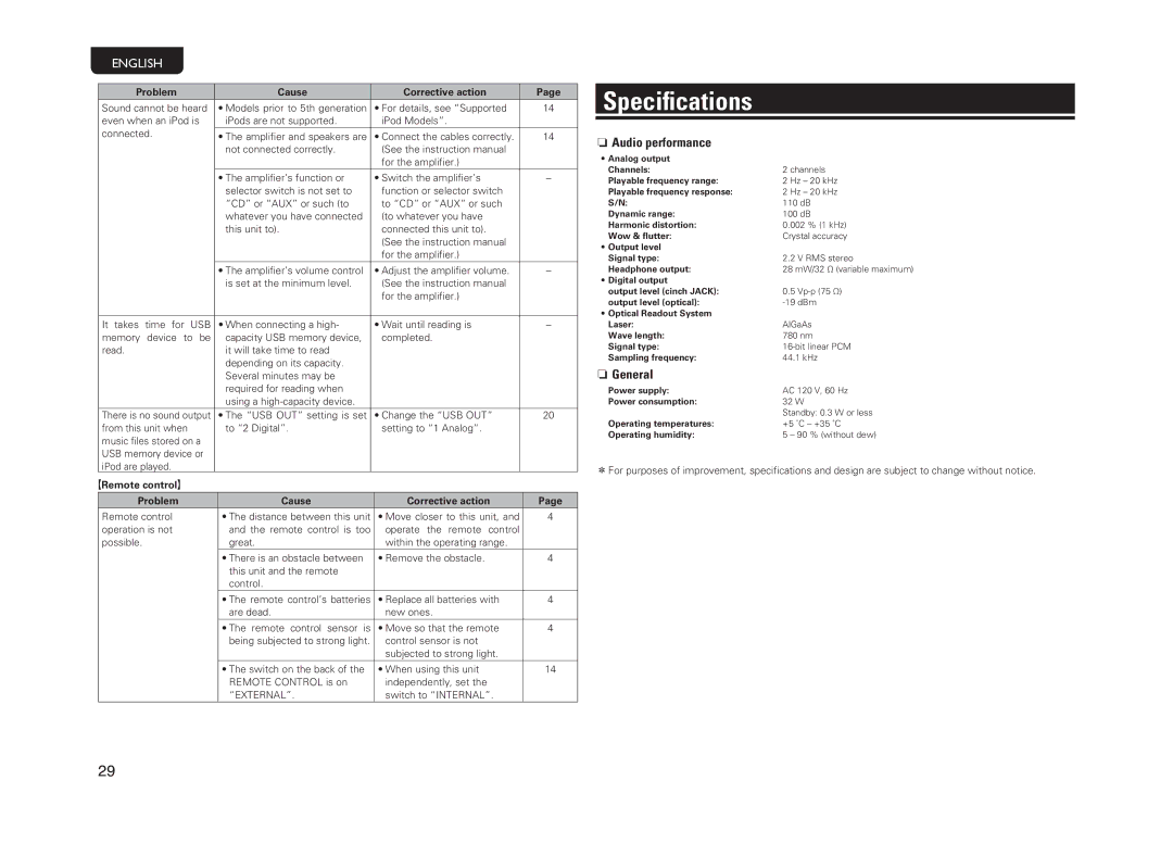 Marantz CD6004 owner manual Specifications, Nn Audio performance 