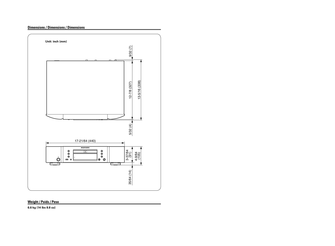 Marantz CD6004 owner manual Unit inch mm, Kg 14 lbs 8.8 oz 