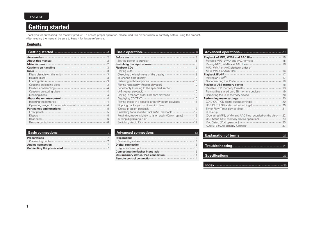 Marantz CD6004 owner manual Getting started, Contents 