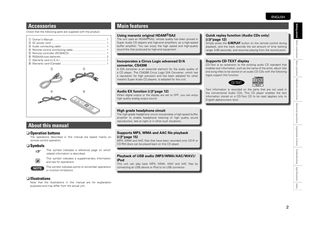 Marantz CD6004 owner manual Accessories, About this manual, Main features 