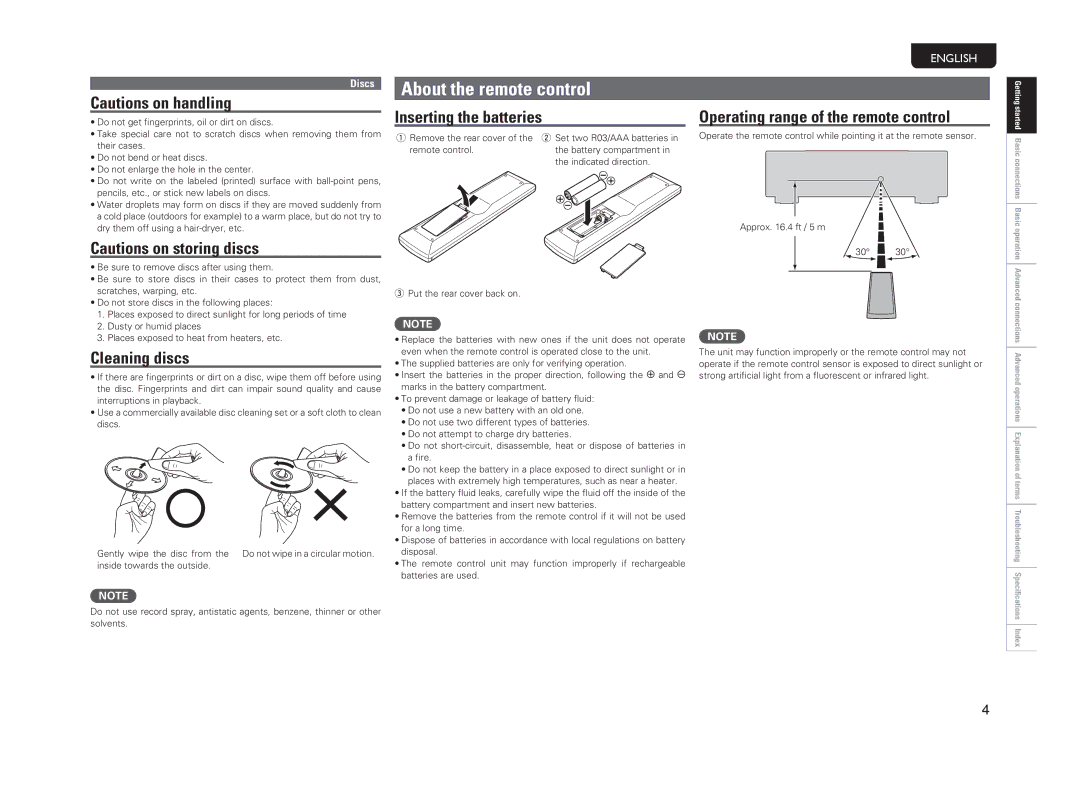 Marantz CD6004 About the remote control, Cleaning discs, Inserting the batteries, Operating range of the remote control 