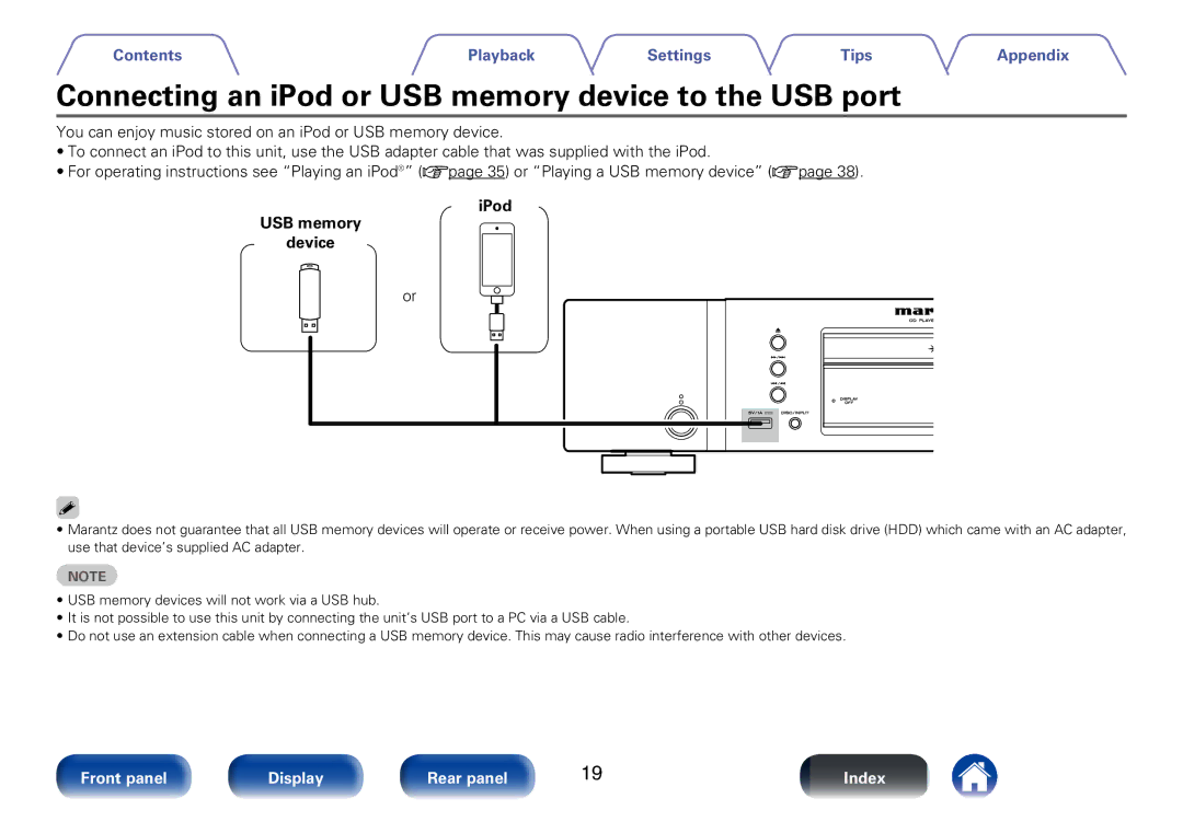 Marantz CD6005 appendix Connecting an iPod or USB memory device to the USB port, IPod USB memory Device 