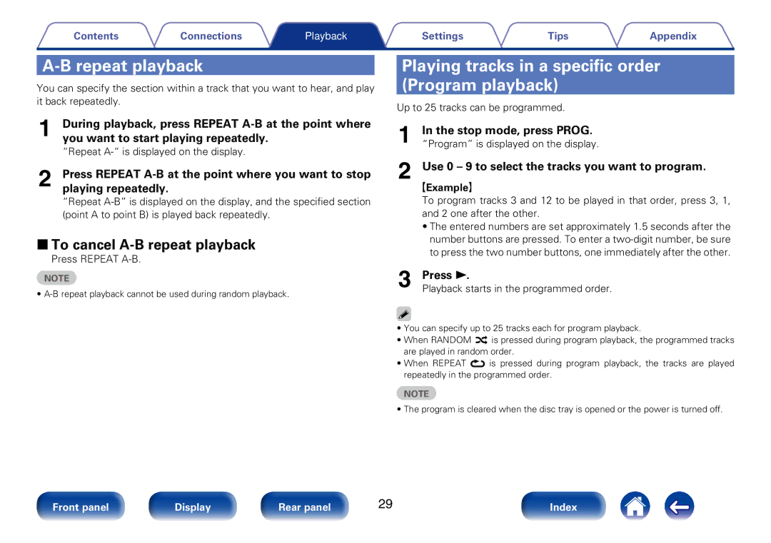 Marantz CD6005 Repeat playback, Playing tracks in a specific order Program playback, 22To cancel A-B repeat playback 