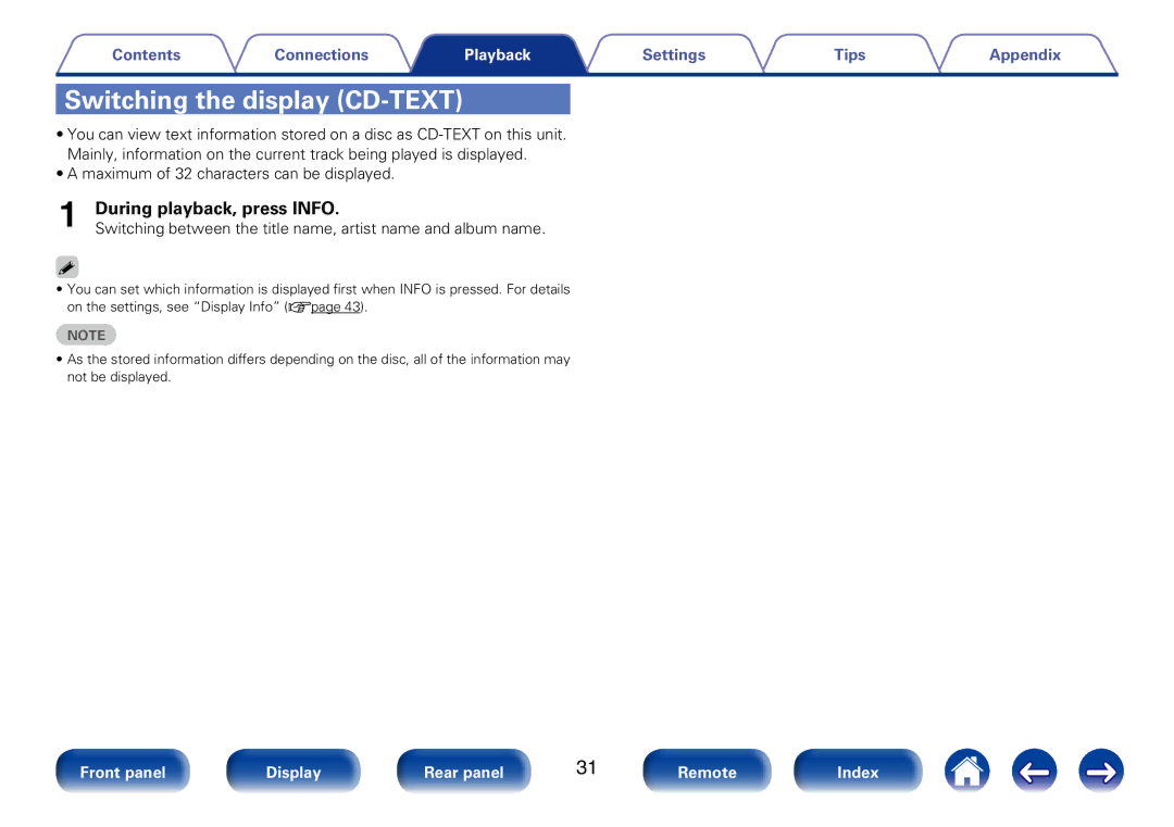 Marantz CD6005 appendix Switching the display CD-TEXT, During playback, press Info 