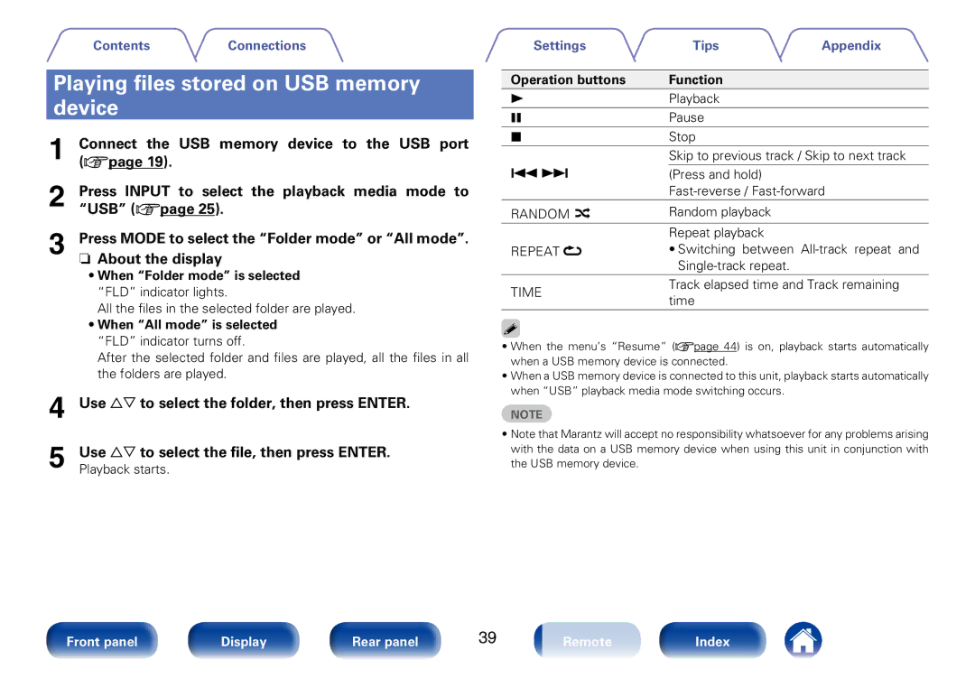 Marantz CD6005 appendix Playing files stored on USB memory, Device, Use ui to select the folder, then press Enter 