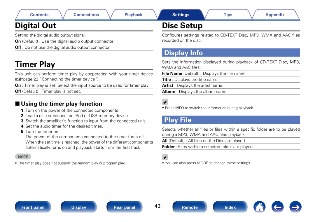 Marantz CD6005 appendix Digital Out, Timer Play, Disc Setup, Display Info, Play File 