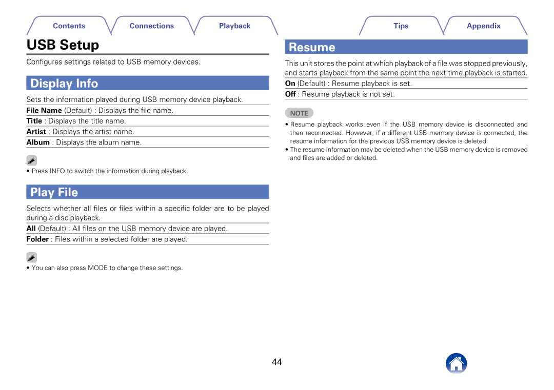 Marantz CD6005 appendix USB Setup, Resume, Configures settings related to USB memory devices 