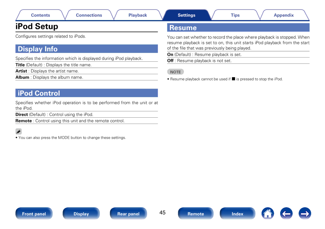 Marantz CD6005 appendix IPod Setup, IPod Control, Configures settings related to iPods 