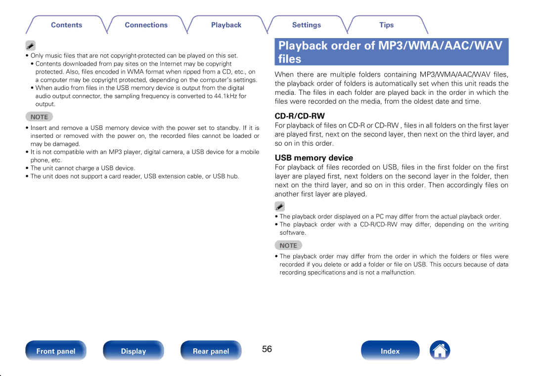 Marantz CD6005 Playback order of MP3/WMA/AAC/WAV files, USB memory device, For playback of files, So on in this order 