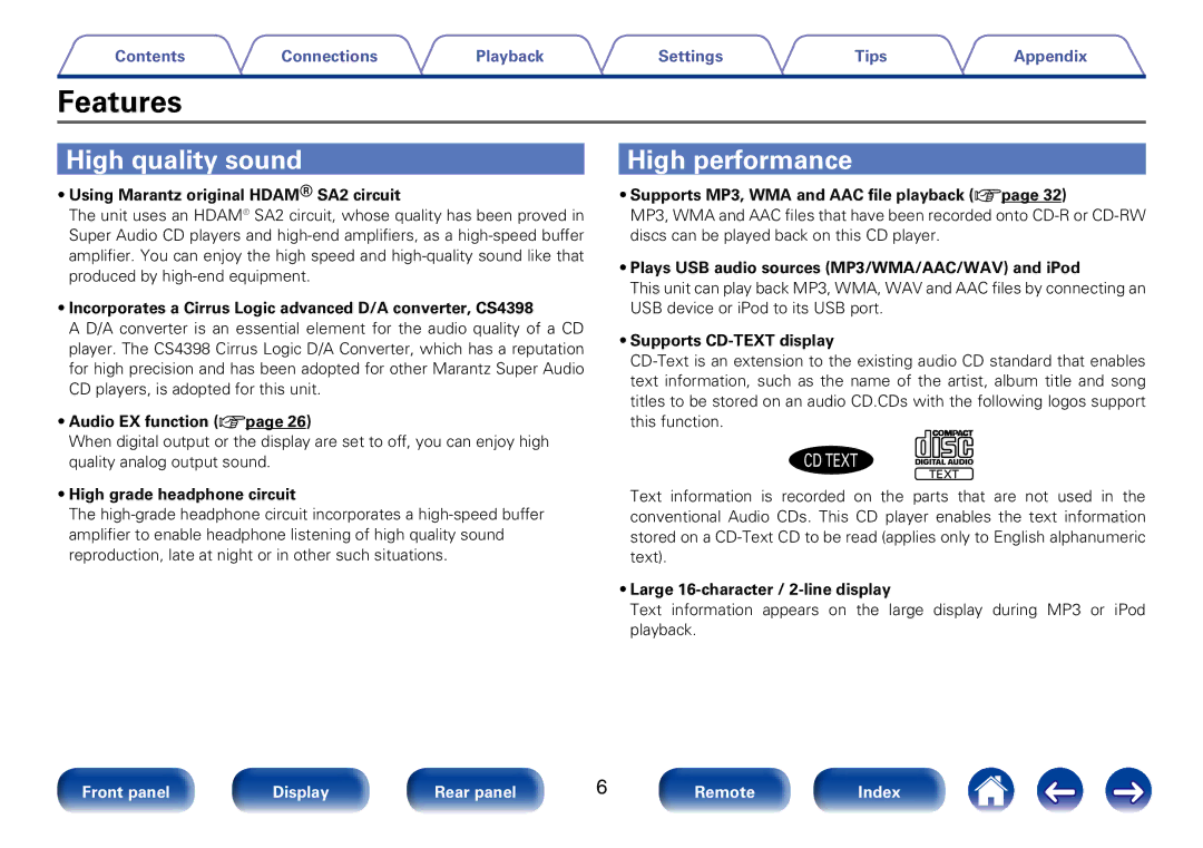 Marantz CD6005 appendix Features, High quality sound, High performance 