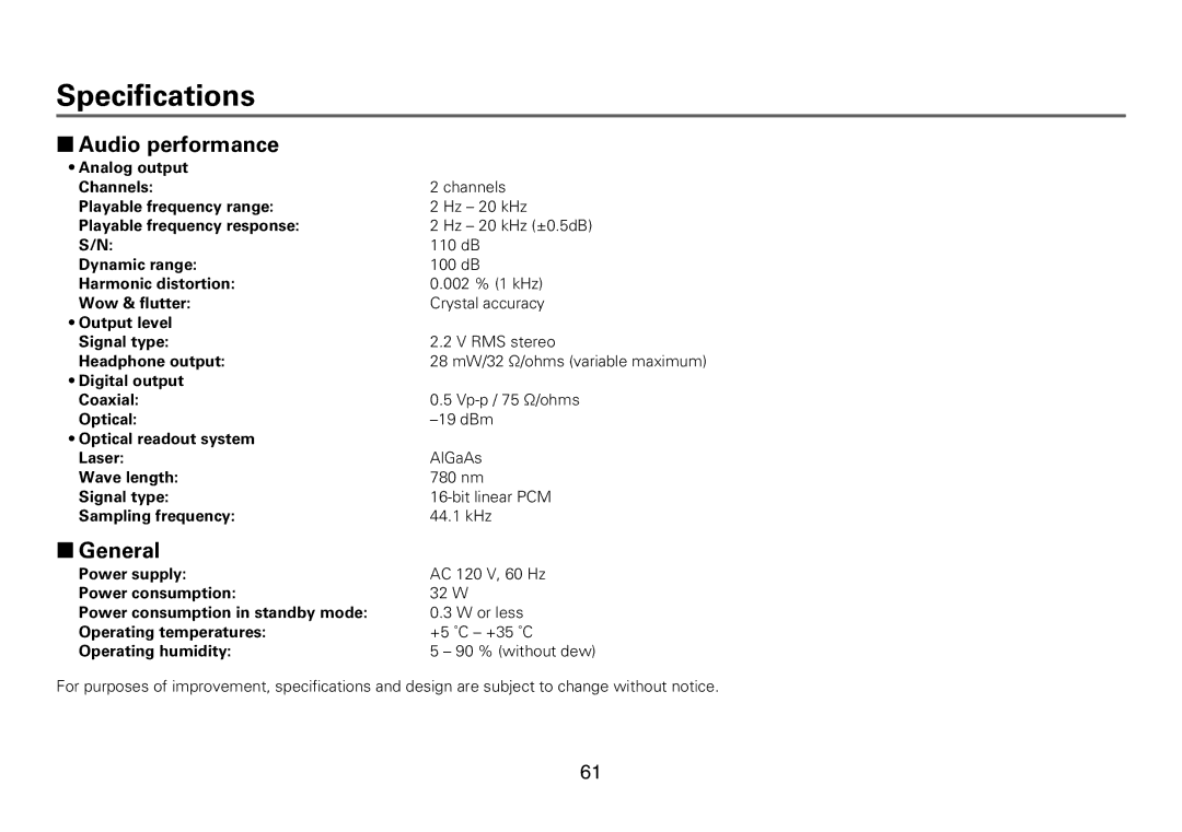 Marantz CD6005 appendix Specifications, 22Audio performance, 22General 