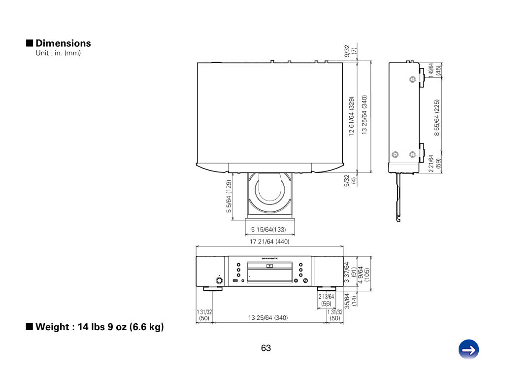 Marantz CD6005 appendix 22Dimensions, 22Weight 14 lbs 9 oz 6.6 kg, Unit in. mm 