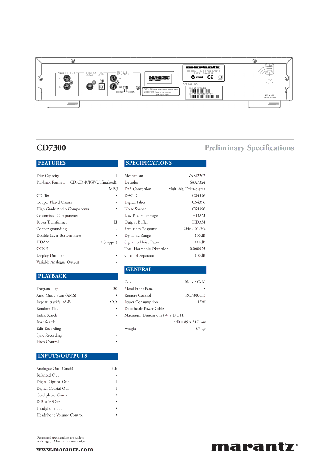 Marantz CD7300 manual Preliminary Specifications 