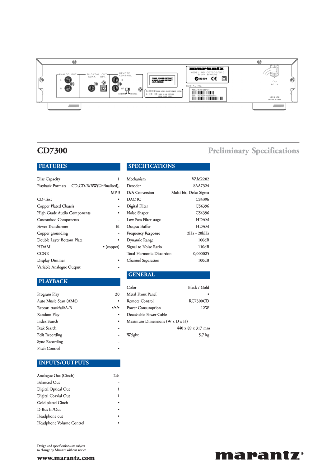 Marantz CD7300 manual Preliminary Specifications, Features, General, Playback, Inputs/Outputs 