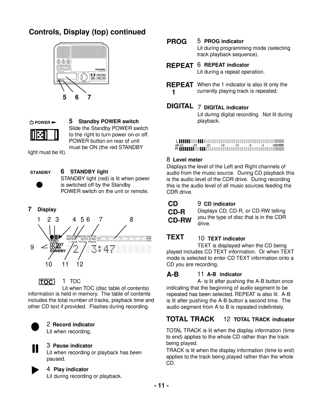 Marantz CDR300 manual Standby Power switch, Standby 6 Standby light, Record indicator Lit when recording Pause indicator 