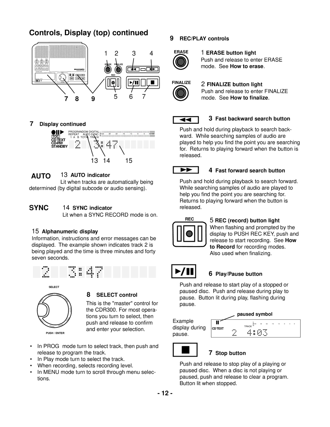 Marantz CDR300 REC/PLAY controls, Erase button light, Mode. See How to erase, Finalize button light, Alphanumeric display 