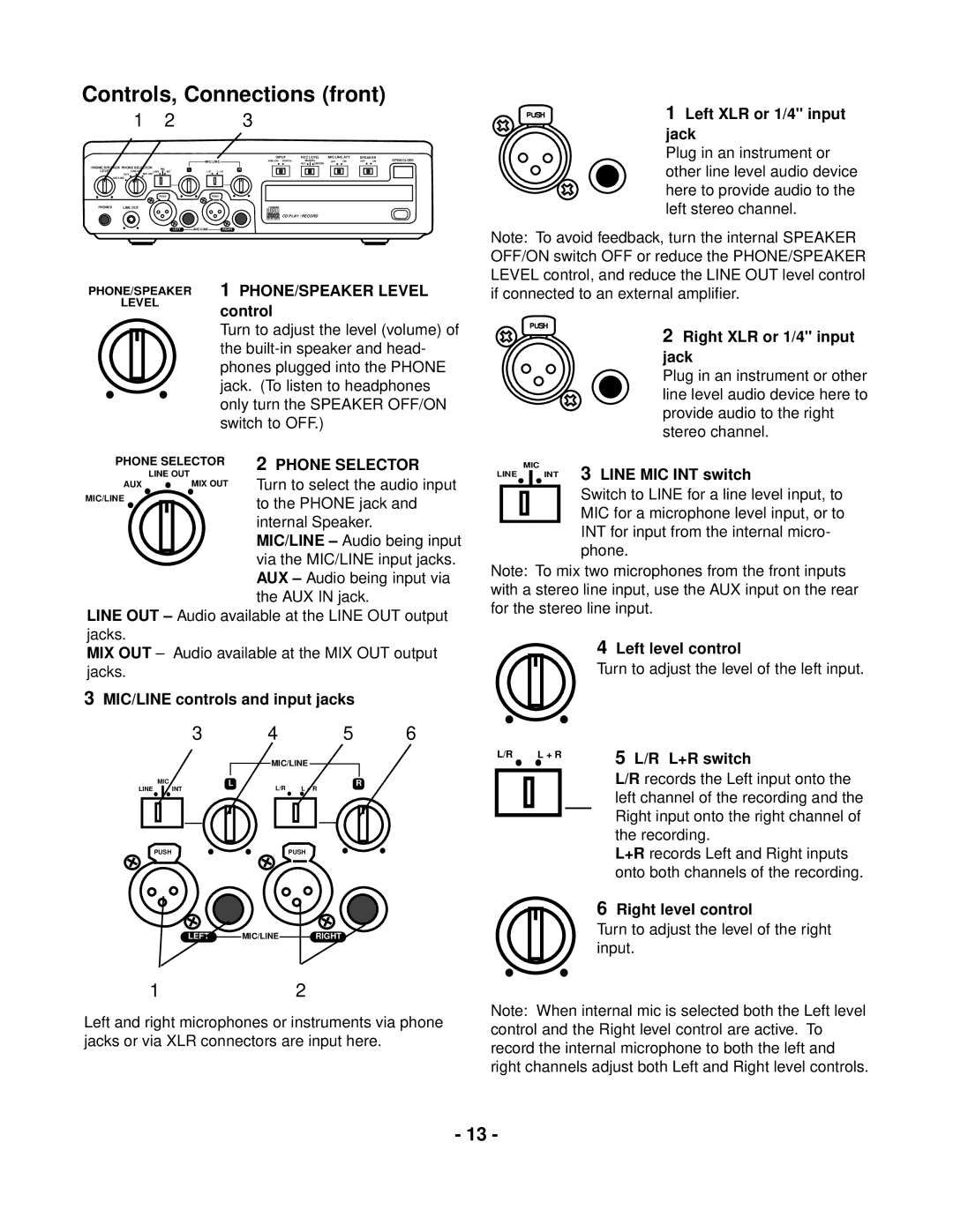 Marantz CDR300 manual Controls, Connections front, Phone Selector 