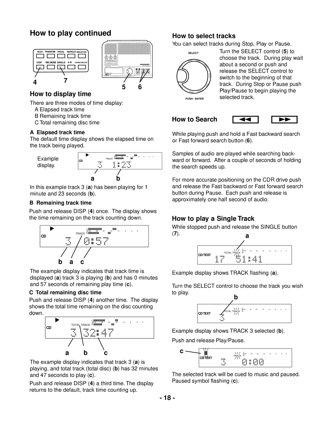 Marantz CDR300 manual How to select tracks, How to display time, How to Search, How to play a Single Track 