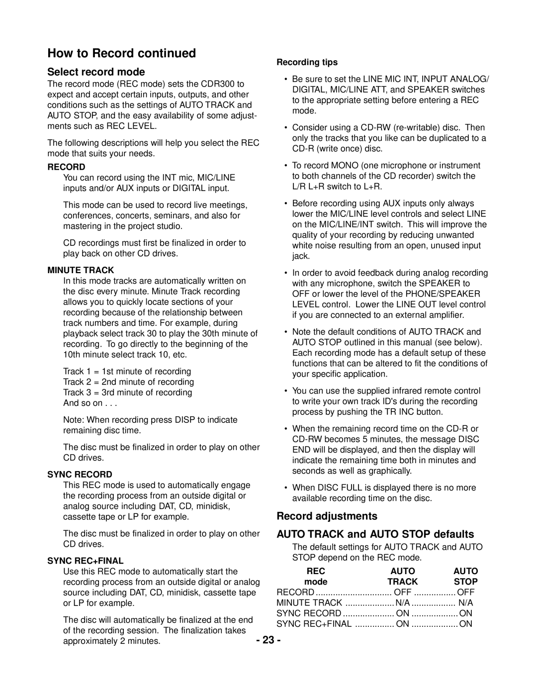 Marantz CDR300 manual Select record mode, Record adjustments, Auto Track and Auto Stop defaults, REC Auto, Track Stop 