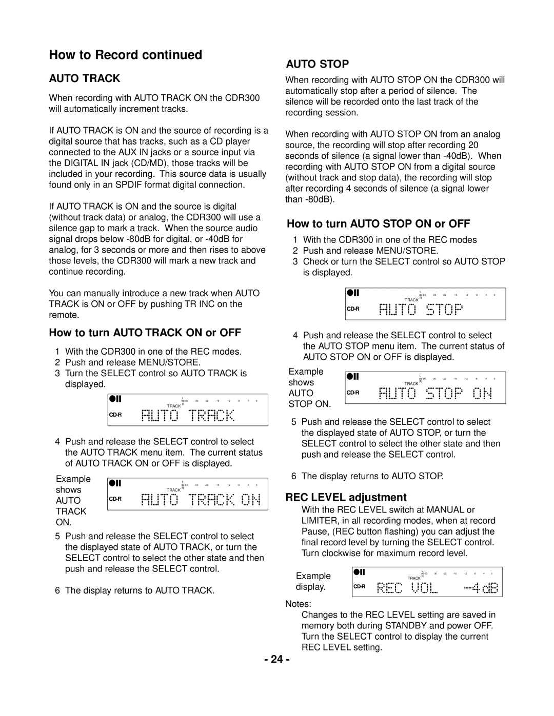 Marantz CDR300 manual How to turn Auto Track on or OFF, How to turn Auto Stop on or OFF, REC Level adjustment 