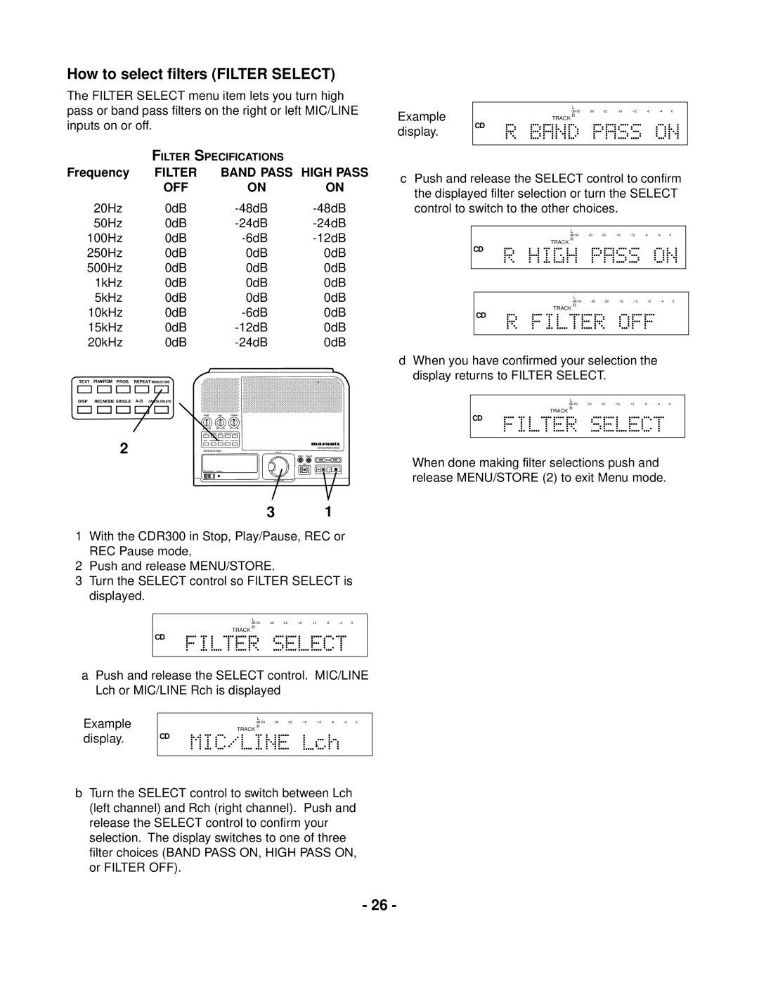 Marantz CDR300 manual How to select filters Filter Select, Frequency, Filter Band Pass High Pass OFF 