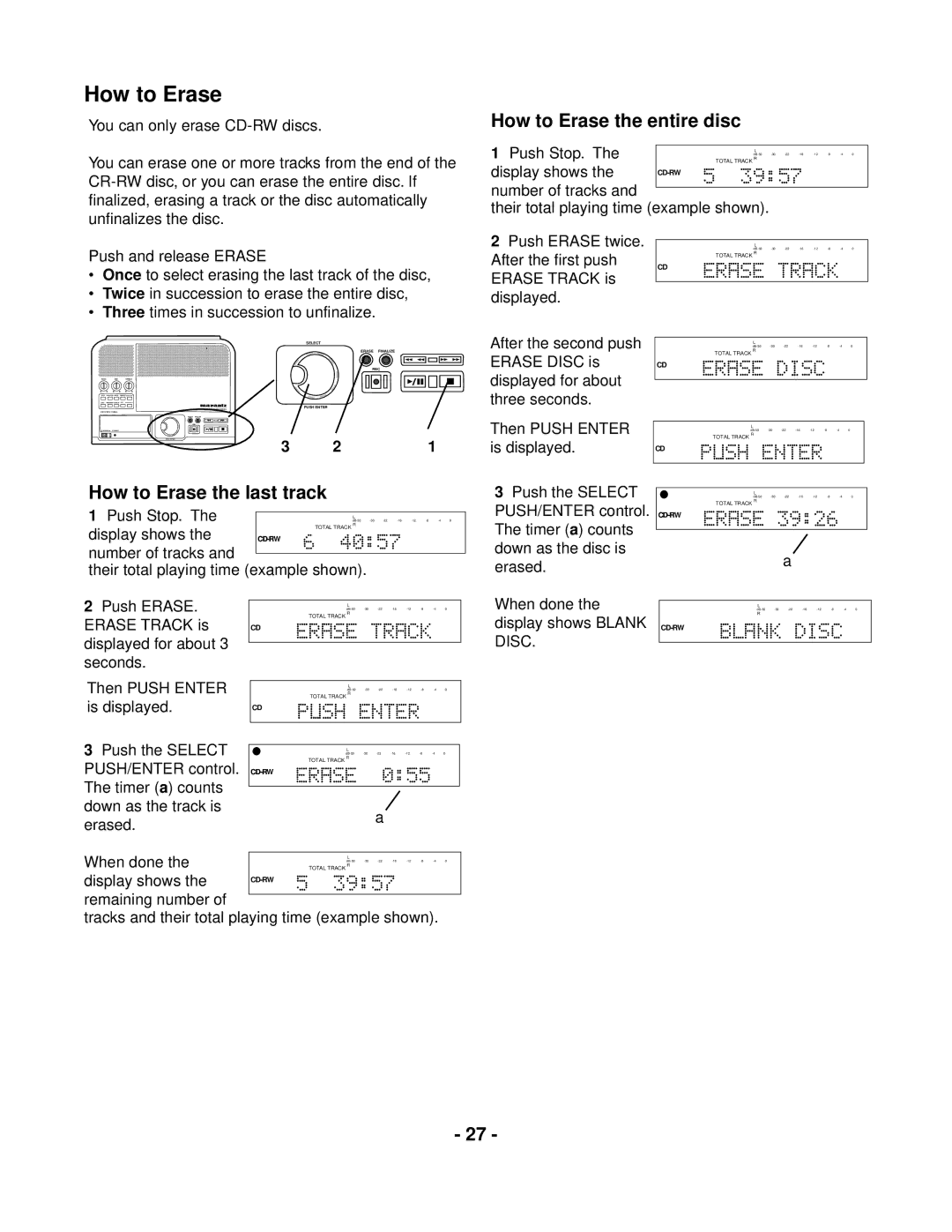 Marantz CDR300 manual How to Erase the entire disc, How to Erase the last track 