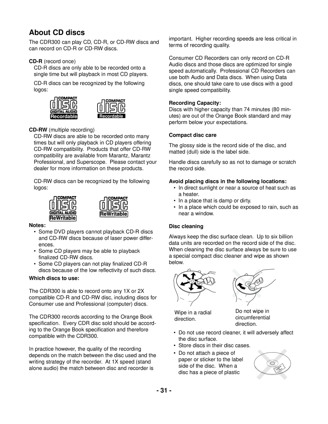 Marantz CDR300 manual About CD discs 