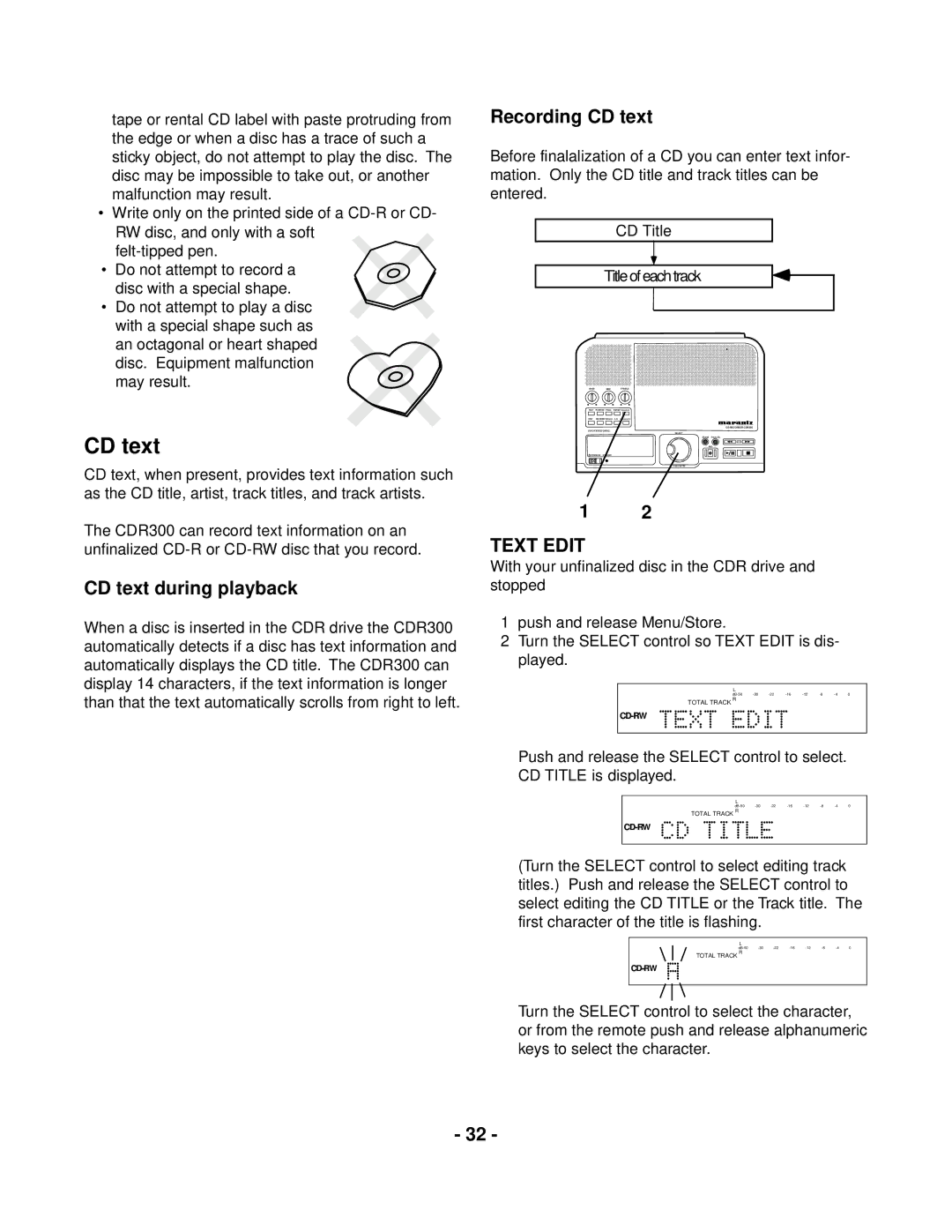 Marantz CDR300 manual CD text during playback, Recording CD text 