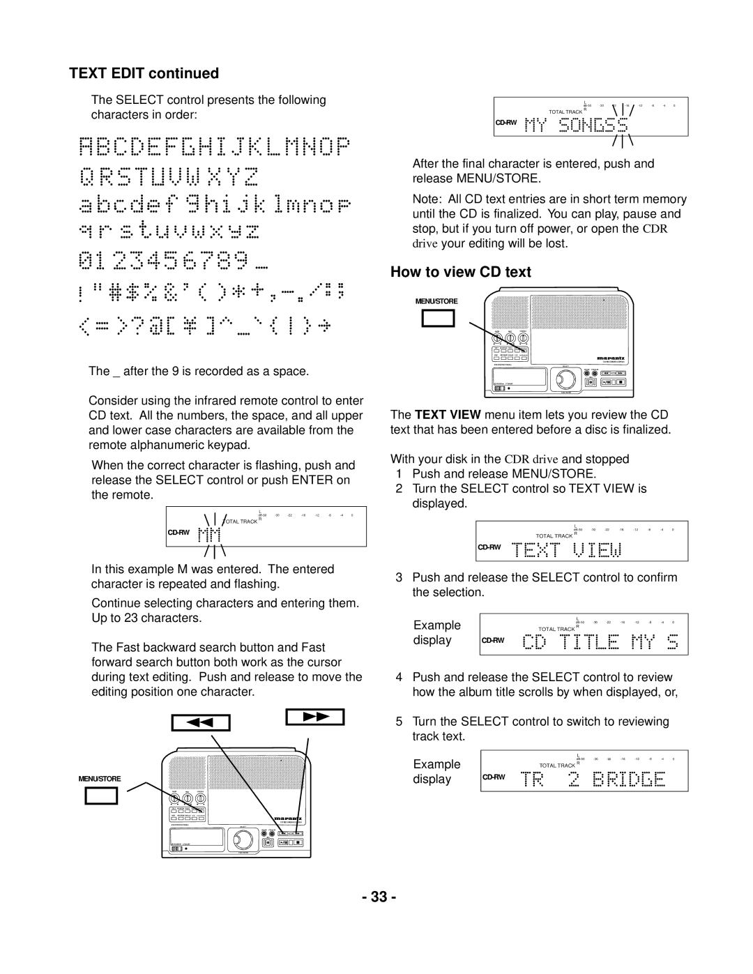 Marantz CDR300 manual Text Edit, How to view CD text 