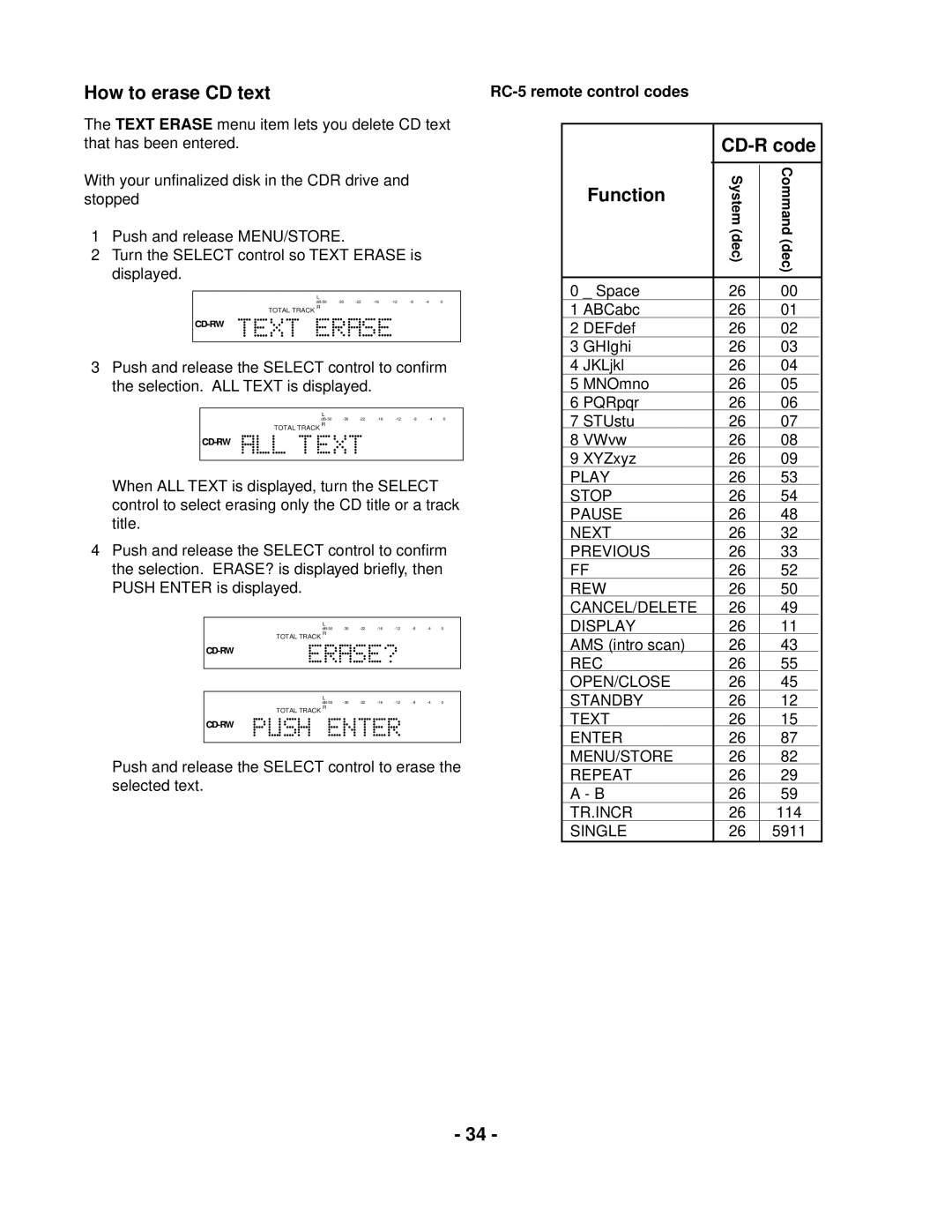 Marantz CDR300 manual How to erase CD text, CD-R code, Function, RC-5 remote control codes 