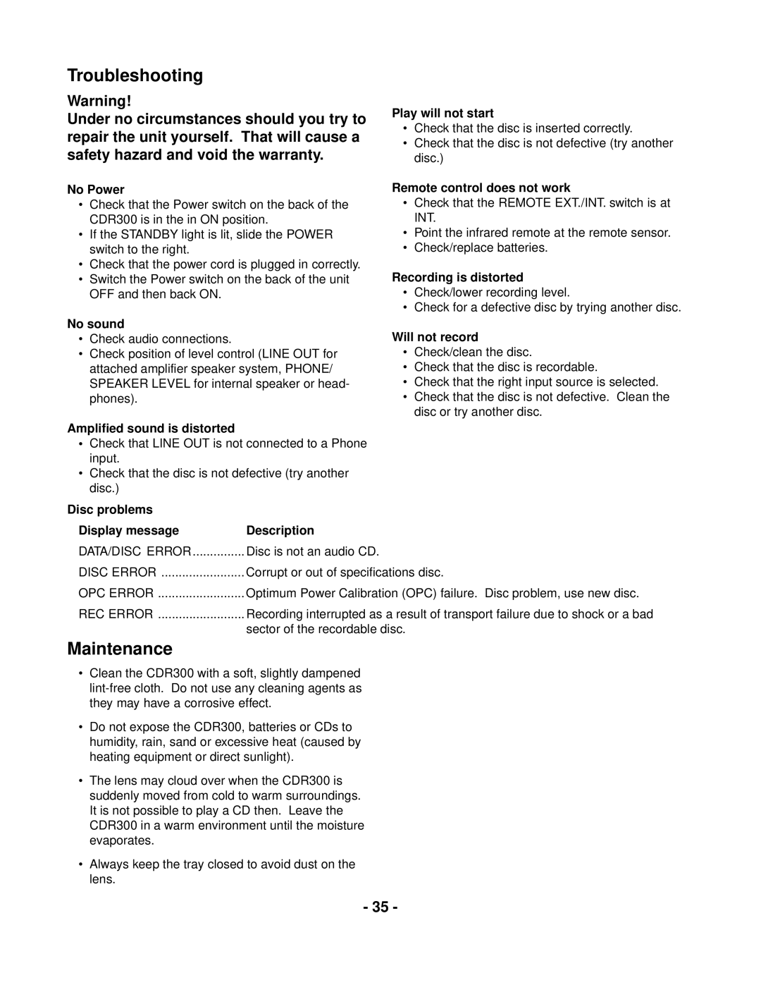 Marantz CDR300 manual Troubleshooting, Maintenance 