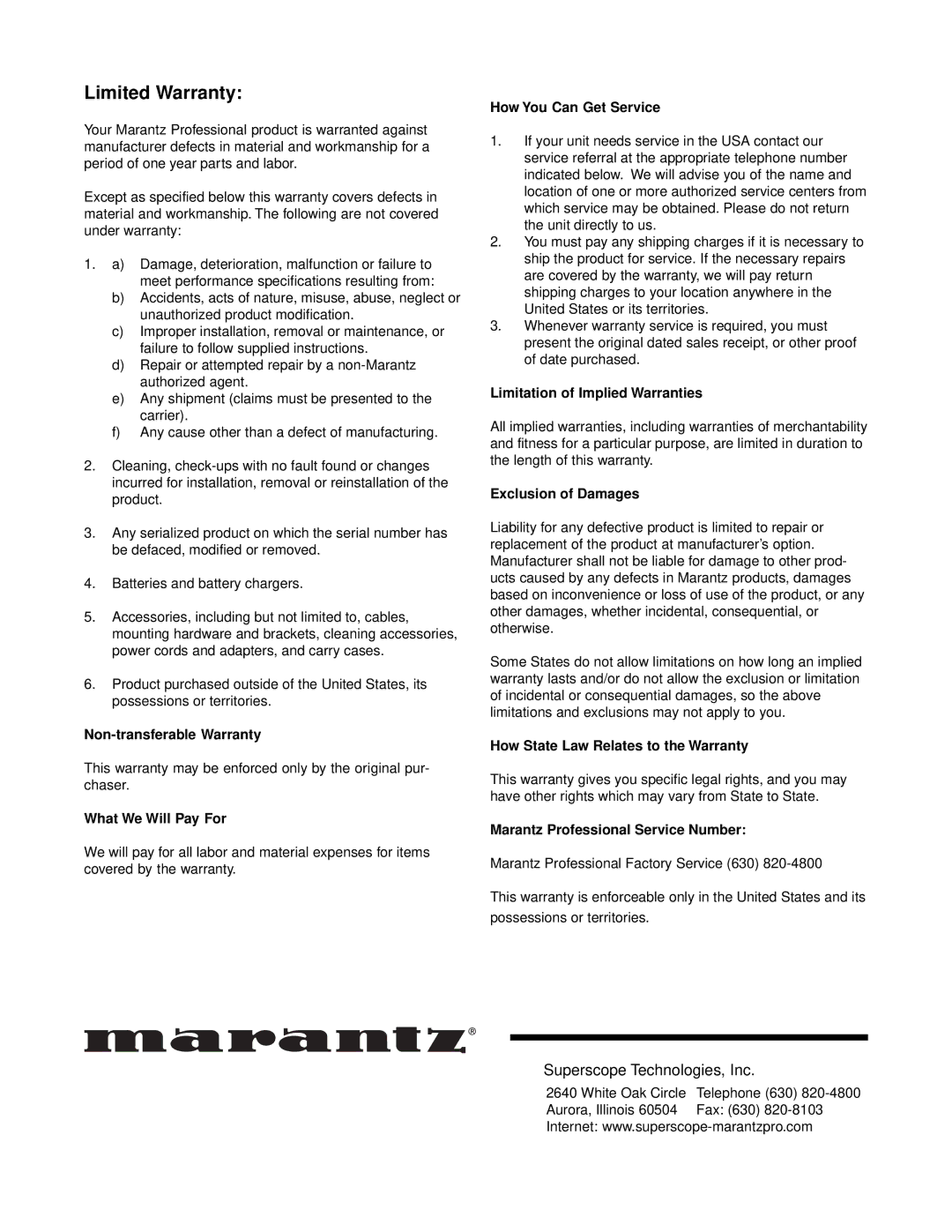 Marantz CDR300 manual Limited Warranty, Superscope Technologies, Inc 