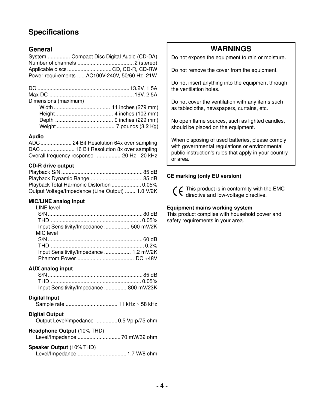 Marantz CDR300 manual Specifications, General 