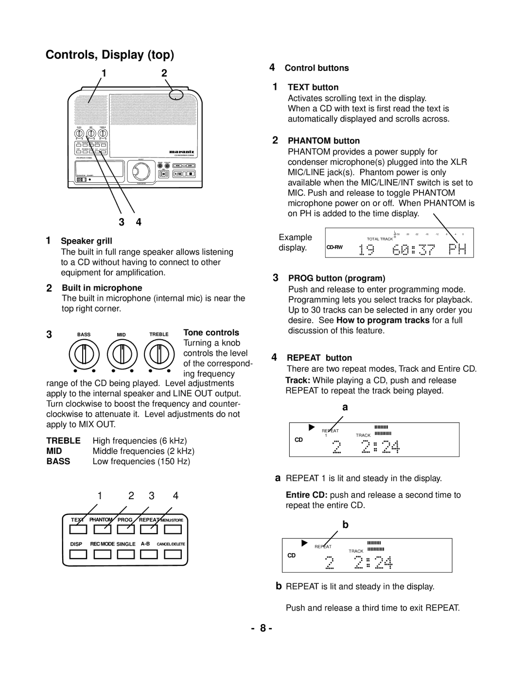 Marantz CDR300 manual Controls, Display top 