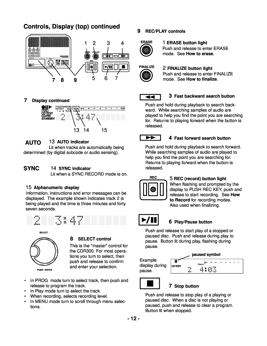 Marantz CDR300 manual Controls, Display top continued, 9REC/PLAY controls 