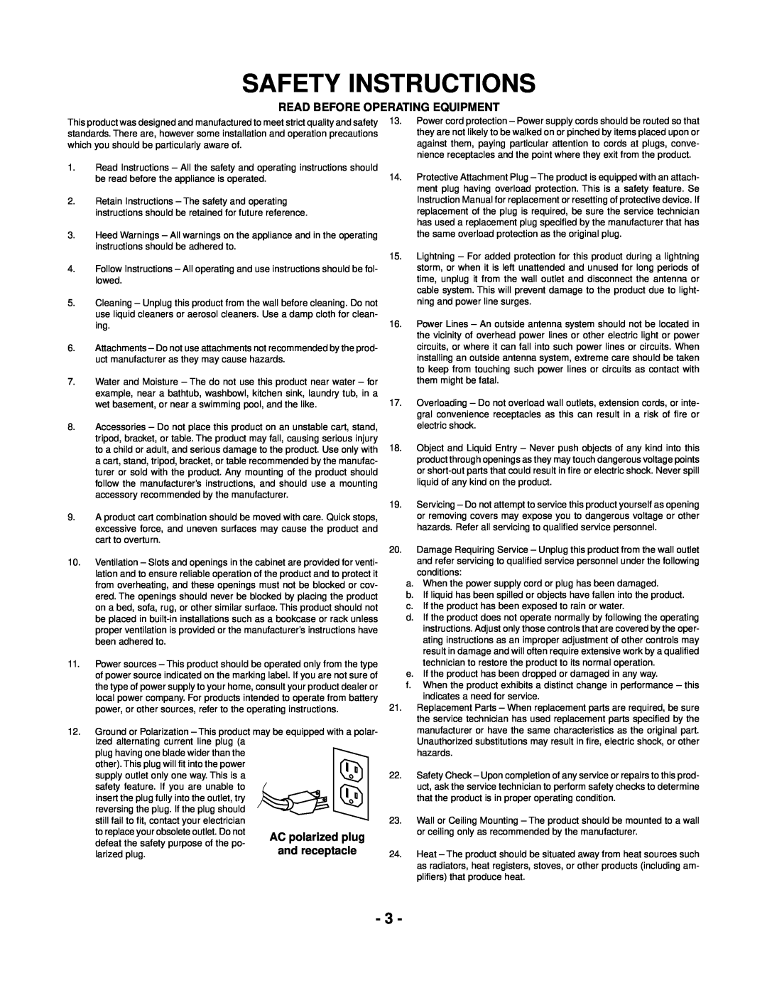 Marantz CDR300 manual Safety Instructions, Read Before Operating Equipment 