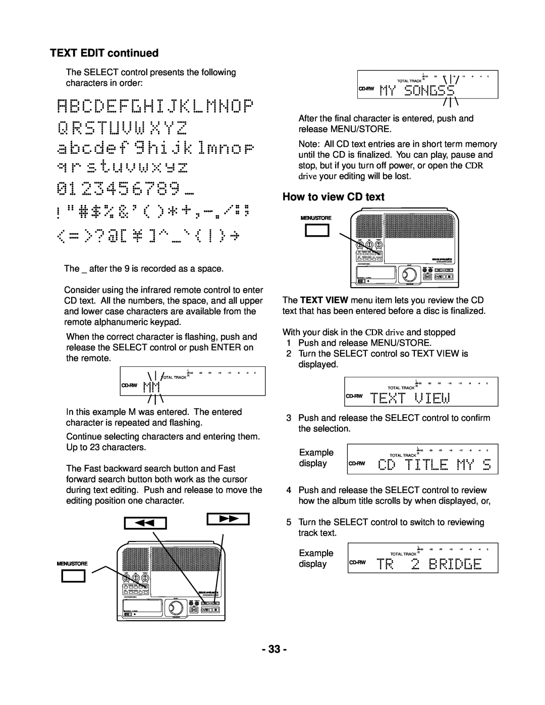 Marantz CDR300 manual TEXT EDIT continued, How to view CD text 