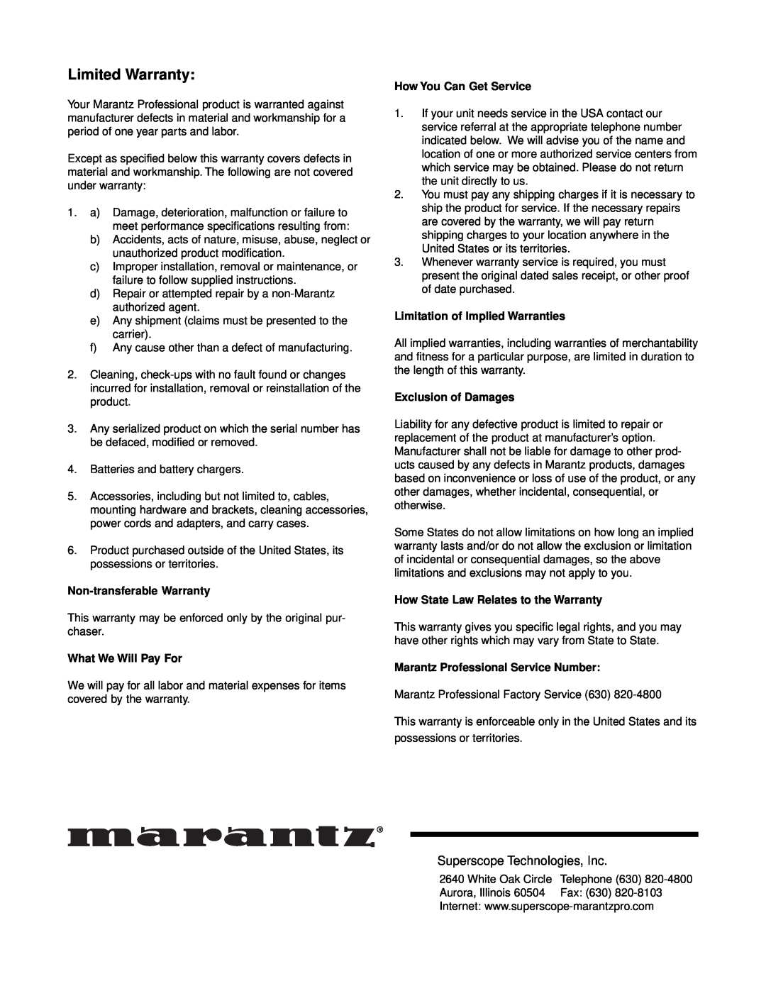 Marantz CDR300 manual Limited Warranty, Non-transferableWarranty, What We Will Pay For, How You Can Get Service 