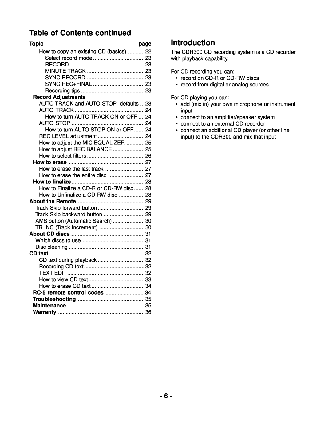 Marantz CDR300 manual Table of Contents continued, Introduction, Topic, Record Adjustments 