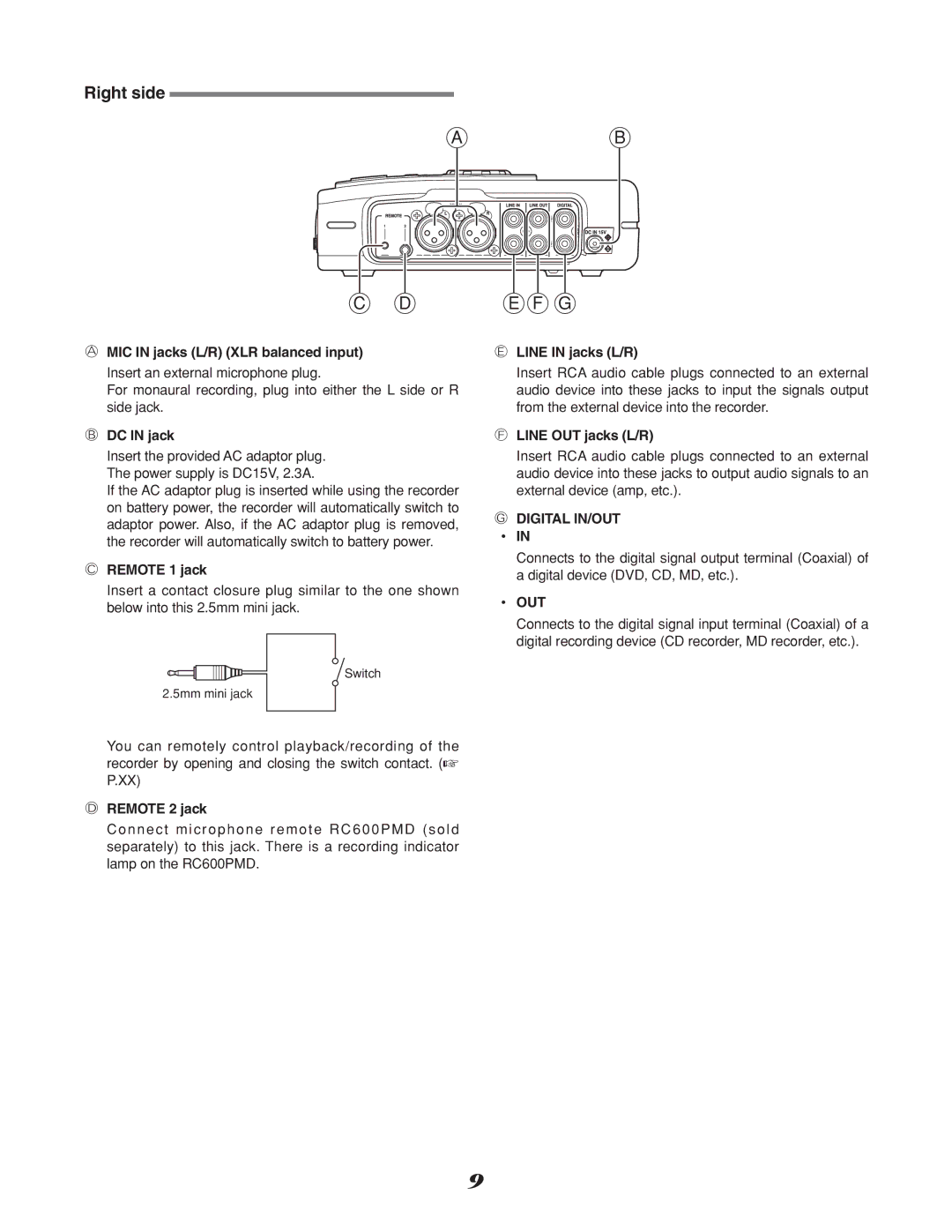 Marantz CD Recorder, CDR310 manual Right side 