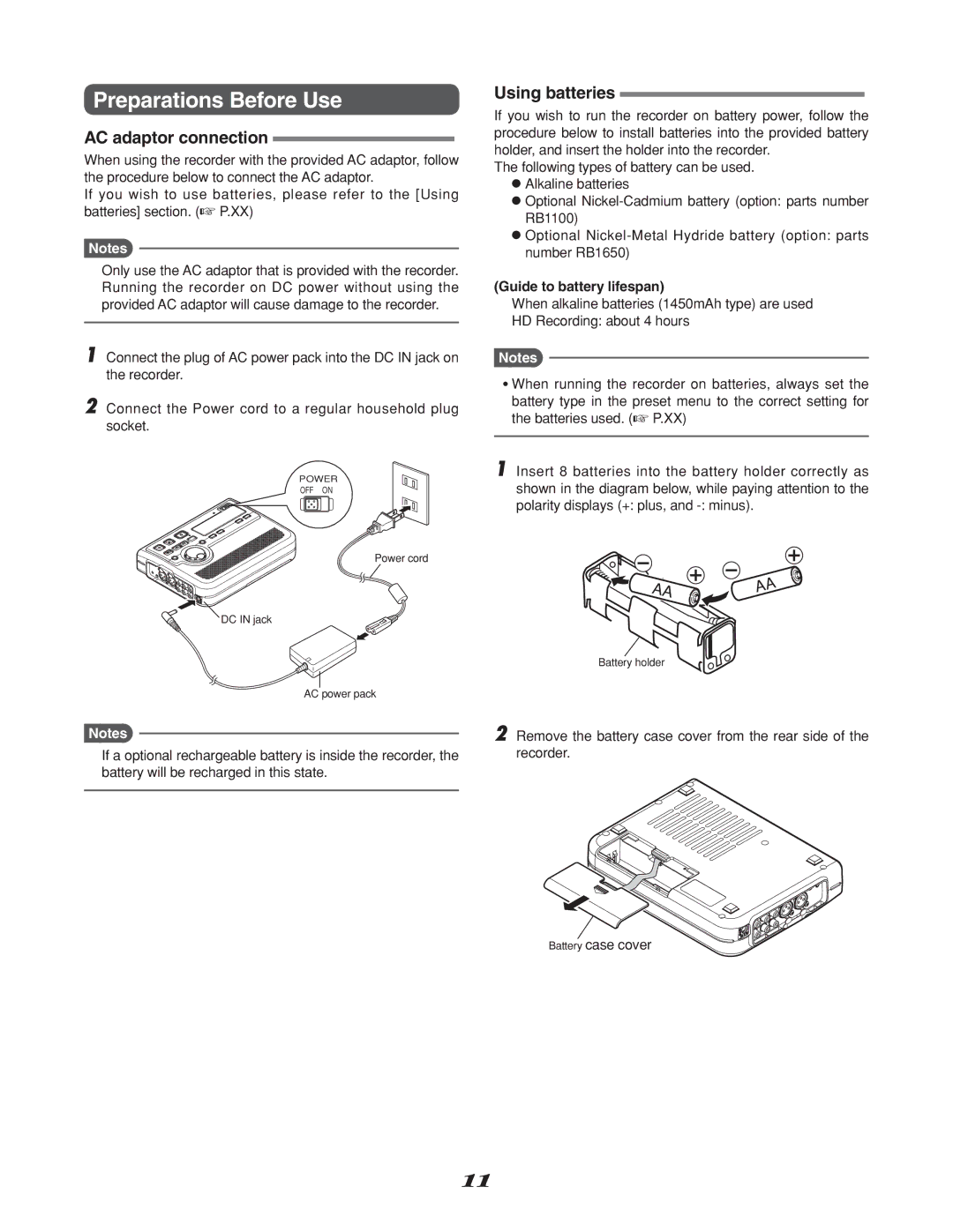 Marantz CD Recorder, CDR310 Preparations Before Use, AC adaptor connection, Using batteries, Guide to battery lifespan 