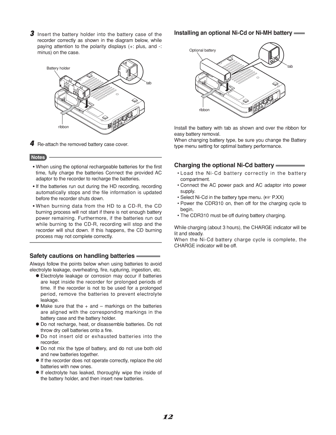 Marantz CDR310, CD Recorder manual Safety cautions on handling batteries, Installing an optional Ni-Cd or Ni-MH battery 