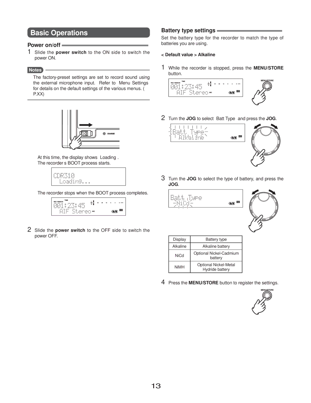 Marantz CD Recorder, CDR310 manual Basic Operations, Power on/off, Battery type settings, Default value Alkaline 