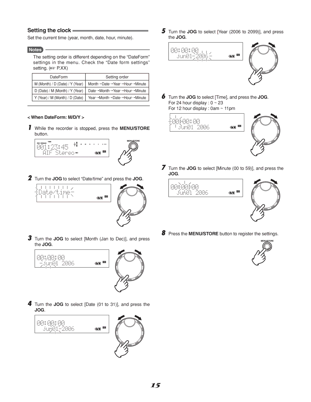 Marantz CD Recorder, CDR310 manual Setting the clock, When DateForm M/D/Y 